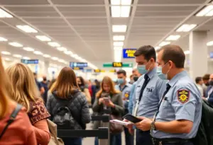 Travelers presenting ID at an airport security checkpoint