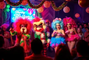 Alaska Thunderf*** 5000 performing on stage with festive decorations