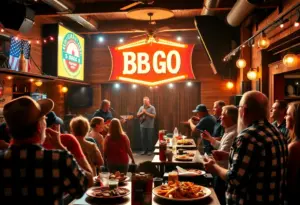 A lively Americana concert scene featuring musicians and happy audience at Cowgirl BBQ.
