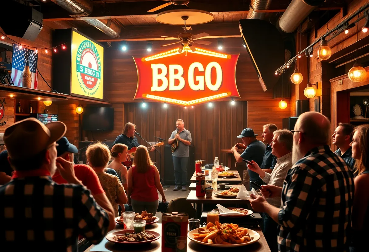 A lively Americana concert scene featuring musicians and happy audience at Cowgirl BBQ.