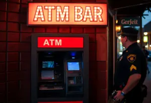 ATM outside popular bar with police presence hinting at security measures.