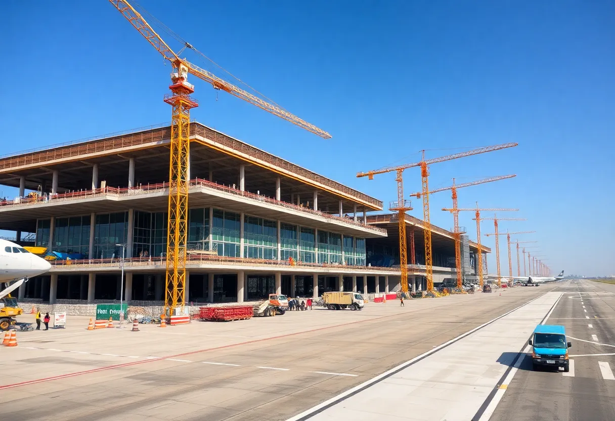 Construction site of the Austin-Bergstrom Airport expansion with cranes and a developing terminal.