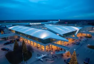 Aerial view of Austin-Bergstrom International Airport filled with holiday travelers