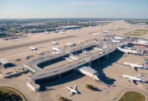 Aerial view of Austin-Bergstrom International Airport with busy runways and terminals.