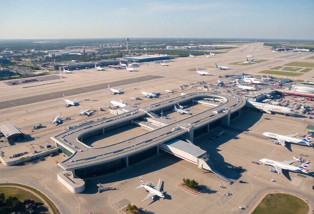 Aerial view of Austin-Bergstrom International Airport with busy runways and terminals.