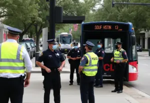 Police officers at a downtown Austin bus stop