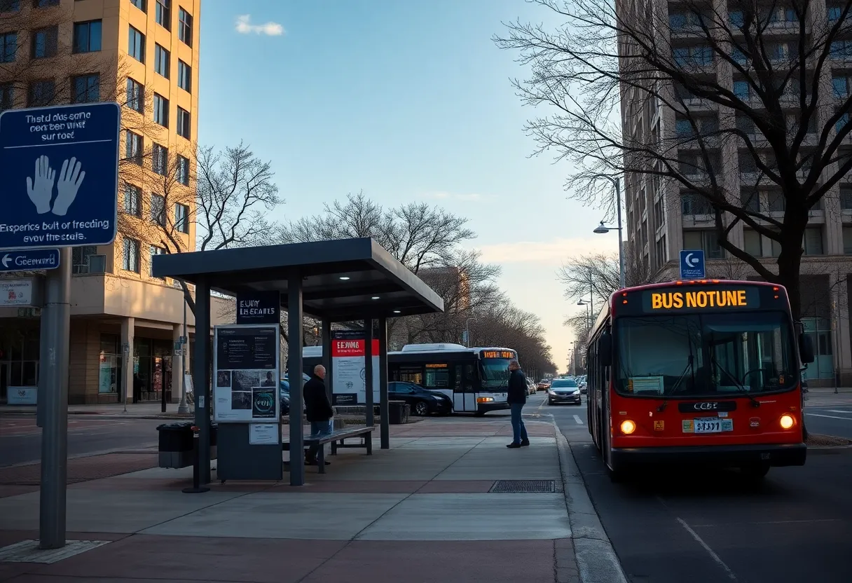 A bus stop in Austin Texas highlighting themes of community safety and vigilance.