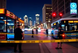 Police scene at a bus stop in downtown Austin.