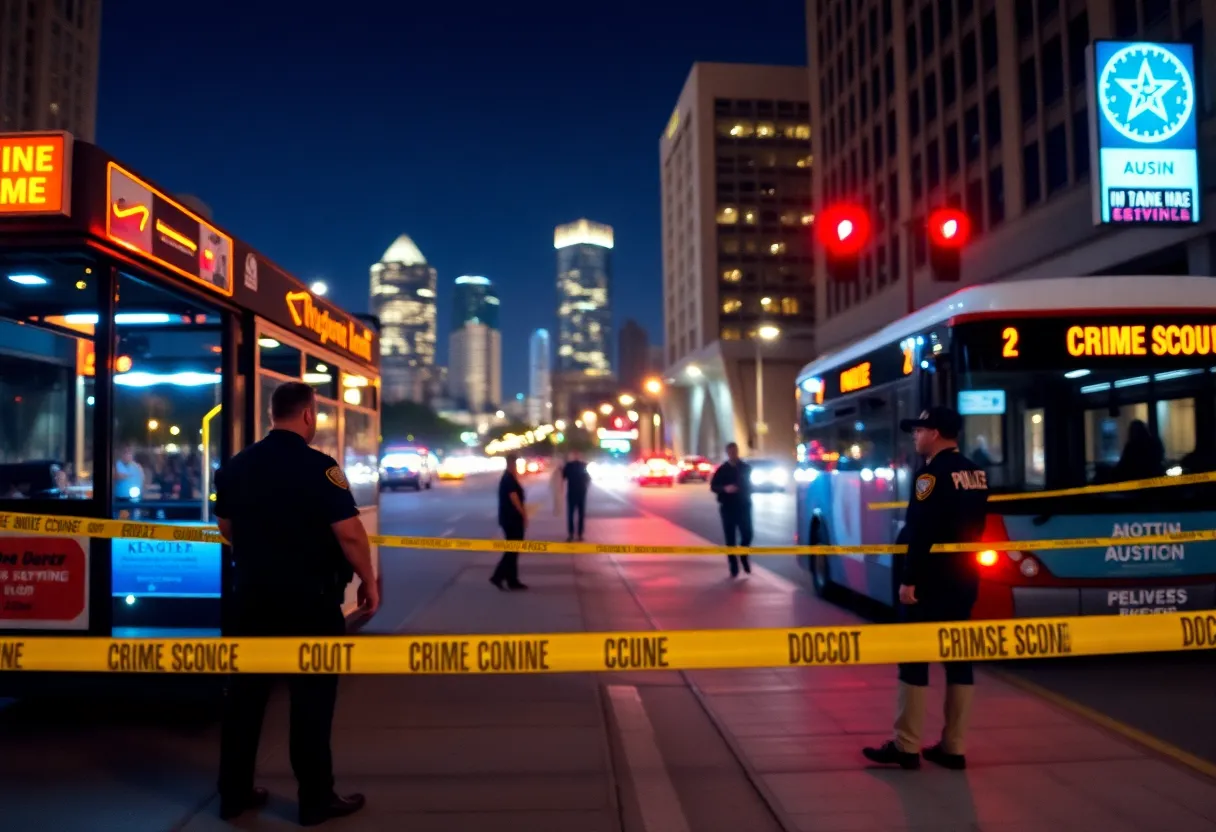 Police scene at a bus stop in downtown Austin.