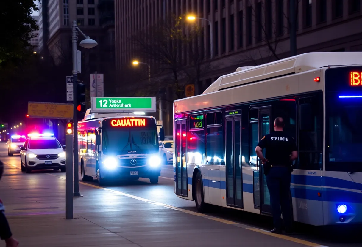 Police officers at a downtown bus stop in Austin investigating a shooting scene.
