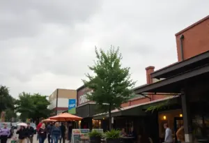 Overcast sky above Austin with light rain and people in cafes