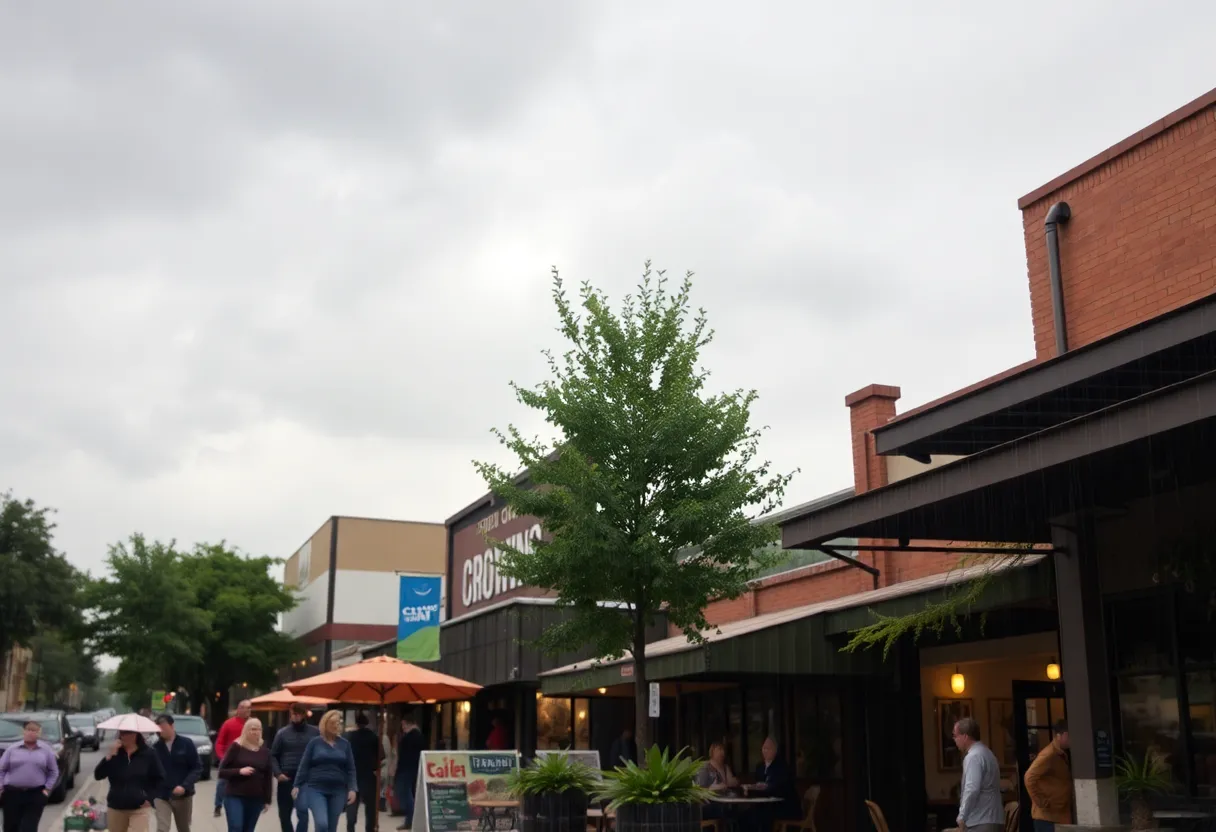 Overcast sky above Austin with light rain and people in cafes