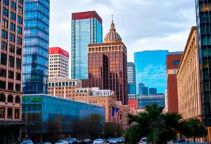 A view of Austin, Texas with holiday decorations in the cityscape.