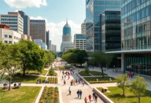Austin skyline with greenery and bustling urban life