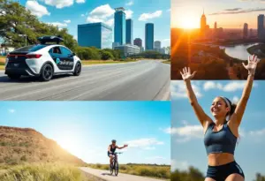 Collage depicting the diverse aspects of Austin including transportation concerns and sports achievements.