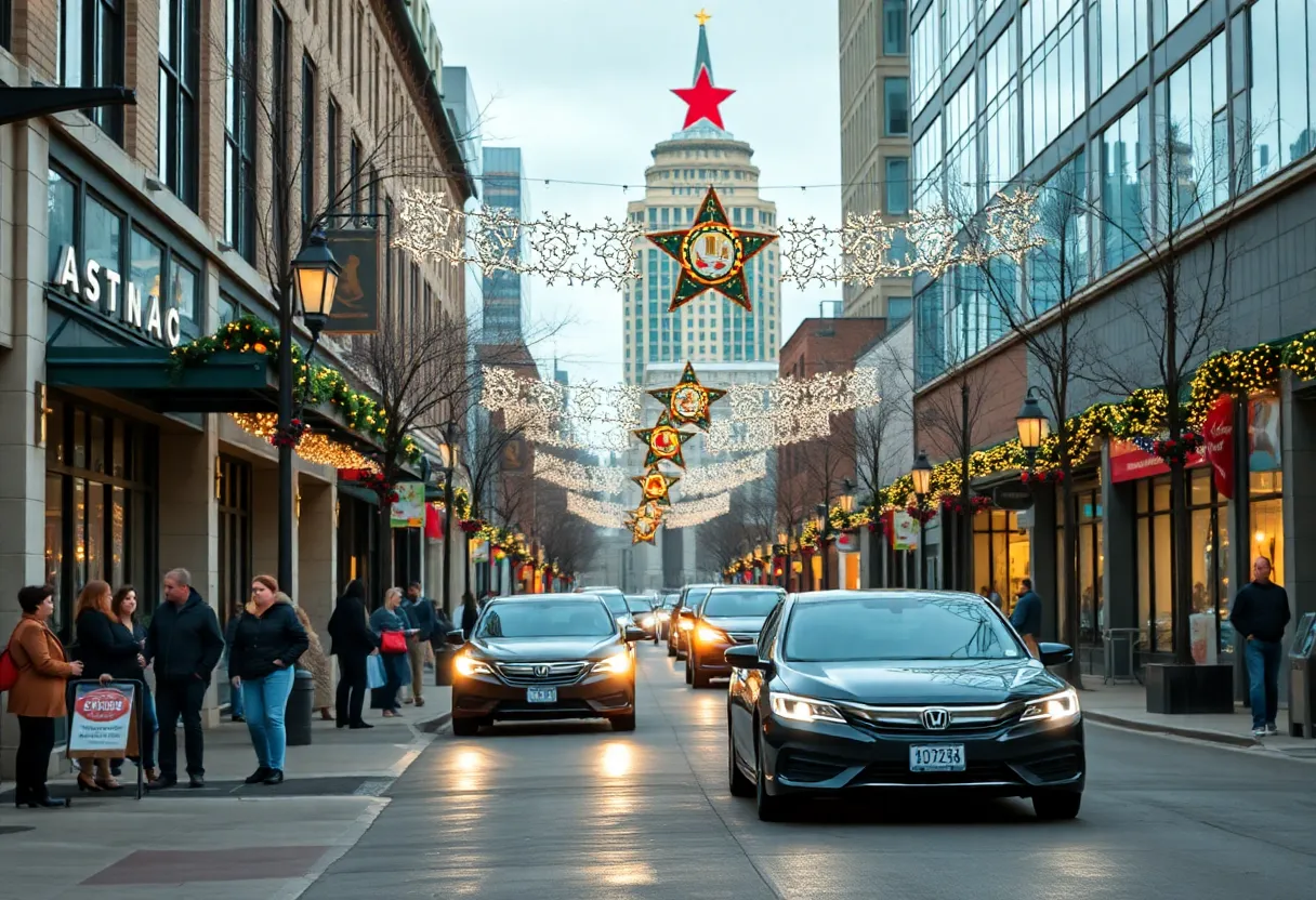 Downtown Austin decorated for the holiday season with shoppers and Uber cars.