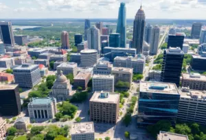 Cityscape of Austin showcasing economic development and clean energy initiatives.