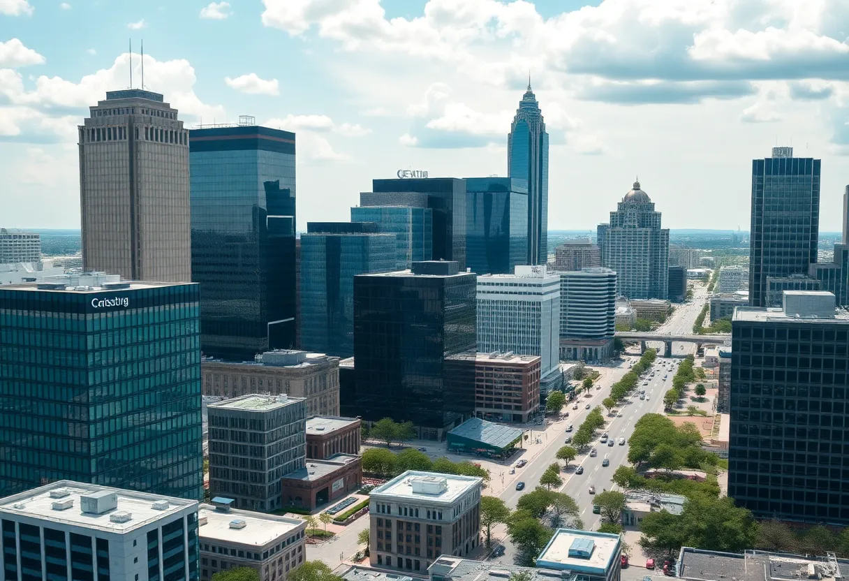 Cityscape of Austin featuring financial buildings and technology themes