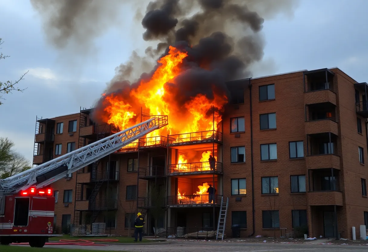 Firefighters extinguishing fire at an apartment building under construction in Austin