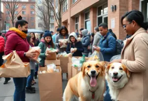 Families receiving food at a community distribution event in Austin