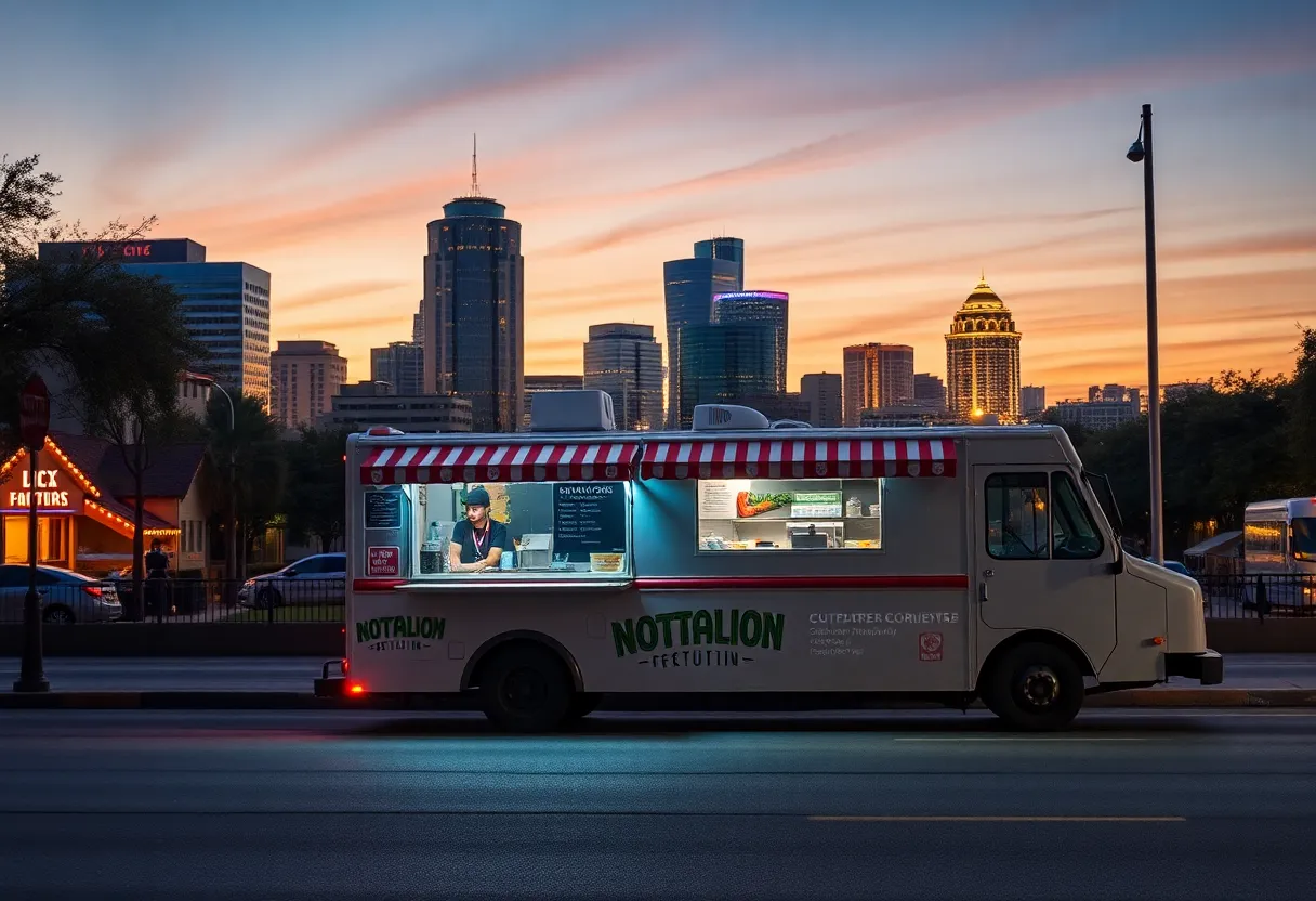 Food truck in Austin with city skyline in the background