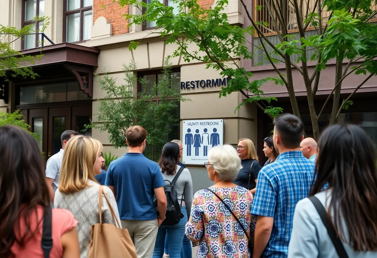 Diverse community members engaging with inclusive restroom signage outside a public building in Austin.