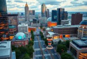 A cityscape of Austin featuring health tech and robotics innovations.