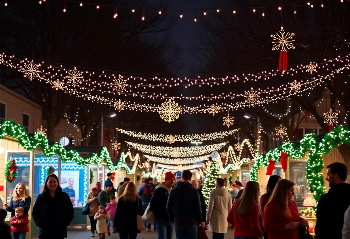 Families enjoying holiday events in Austin with festive lights.