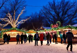 People celebrating holiday events in Austin with festive decorations and lights.