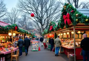 Vibrant scene of the Austin Holiday Market with artisans and festive decorations