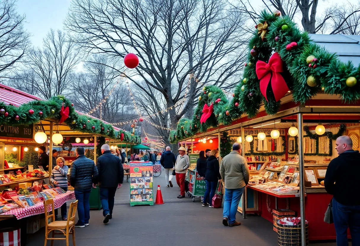 Vibrant scene of the Austin Holiday Market with artisans and festive decorations