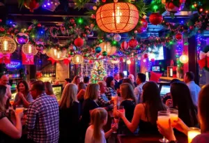 A festive holiday pop-up bar scene in Austin, showcasing colorful decorations and drinks.
