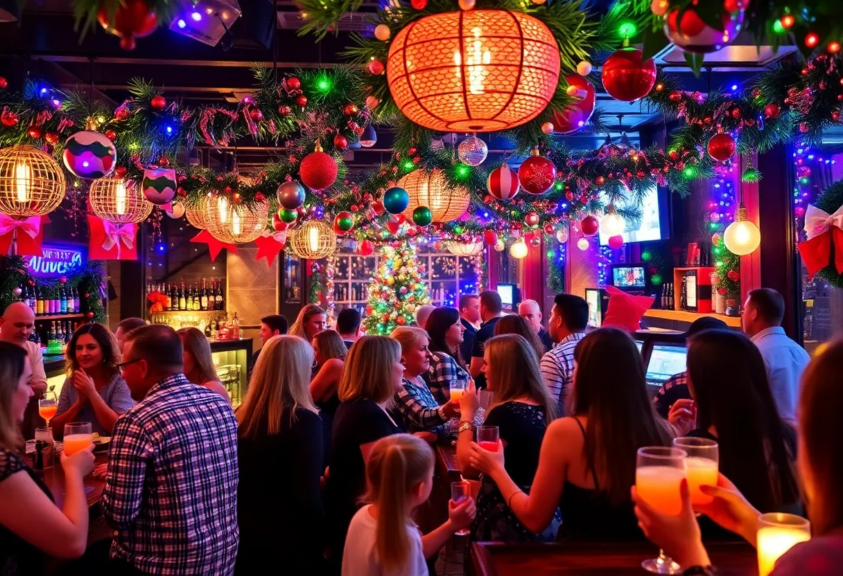 A festive holiday pop-up bar scene in Austin, showcasing colorful decorations and drinks.