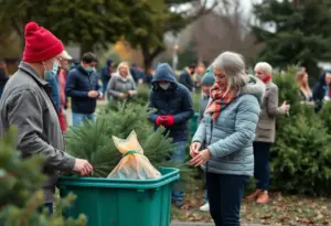Residents dropping off holiday trees for recycling at Zilker Park