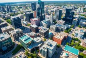 Aerial view of Austin showcasing innovative businesses and green technologies.