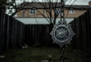 Police badge and chains in a backyard setting symbolizing a kidnapping incident.