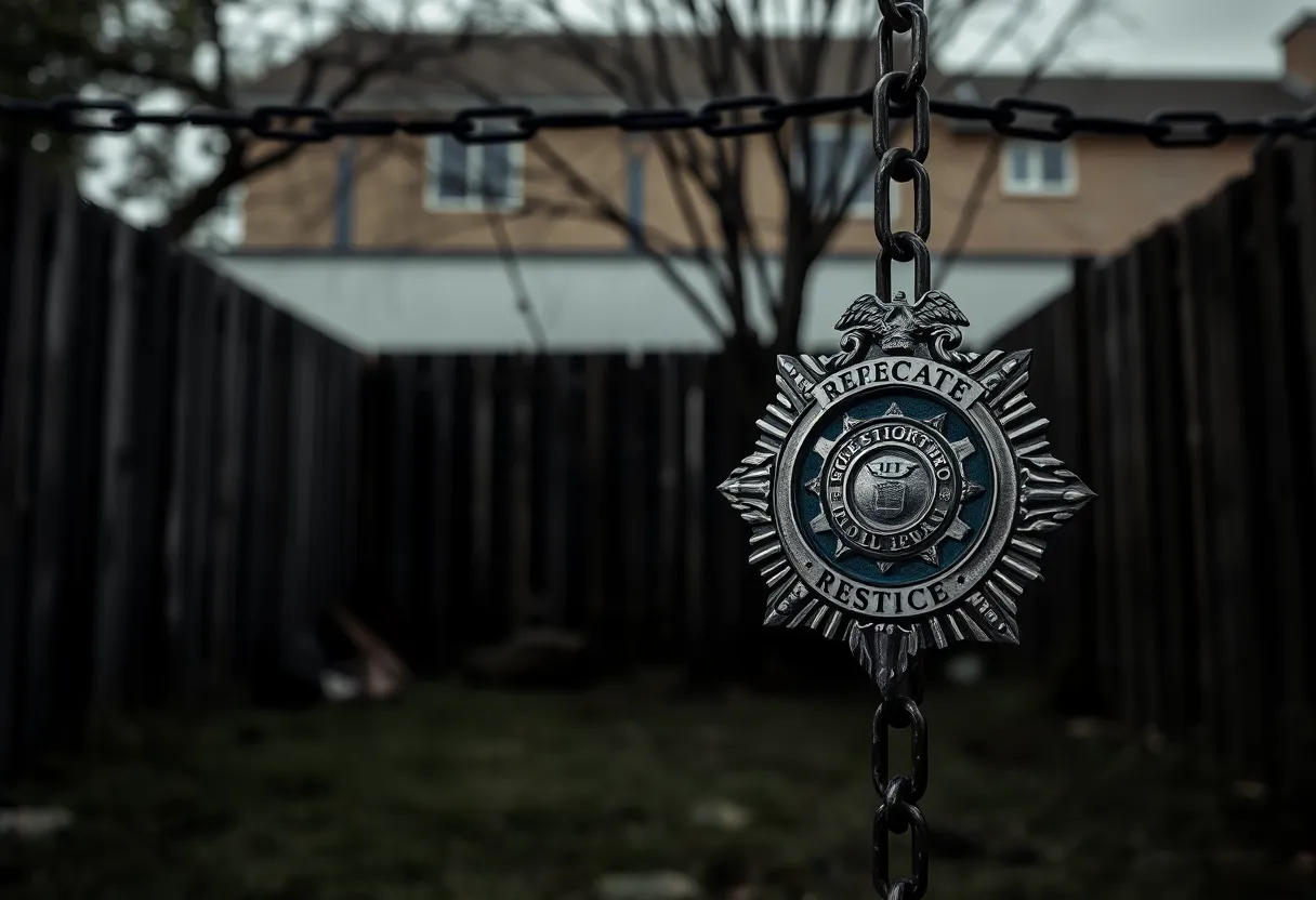 Police badge and chains in a backyard setting symbolizing a kidnapping incident.
