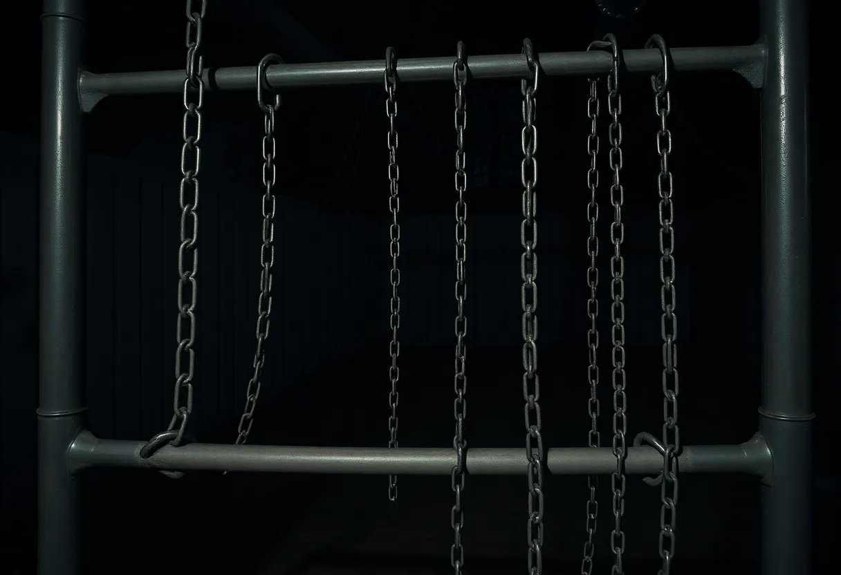 Backyard with exercise equipment and heavy chains symbolizing captivity