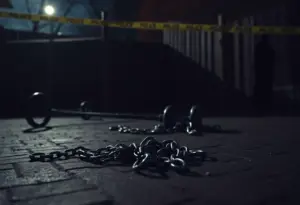 Scene of a backyard with exercise equipment and chains, depicting a kidnapping incident.