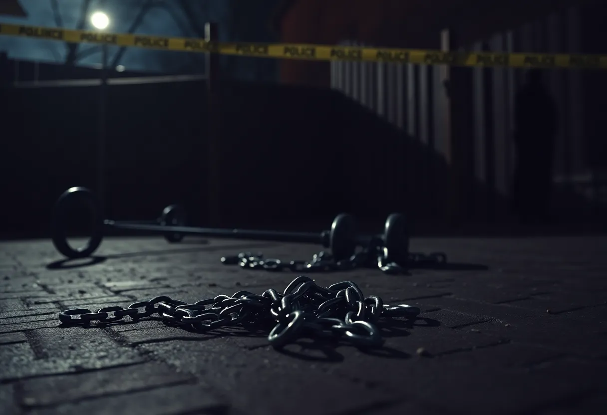 Scene of a backyard with exercise equipment and chains, depicting a kidnapping incident.