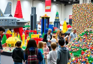 A family-friendly atmosphere at the Austin LEGO Convention with large LEGO structures and attendees building models.