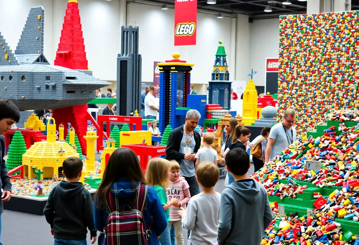 A family-friendly atmosphere at the Austin LEGO Convention with large LEGO structures and attendees building models.