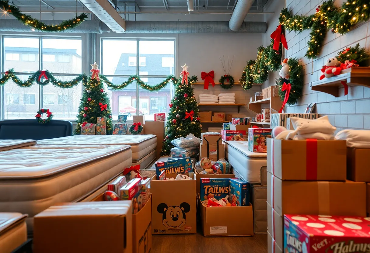 Holiday decoration in mattress store with toy donation boxes