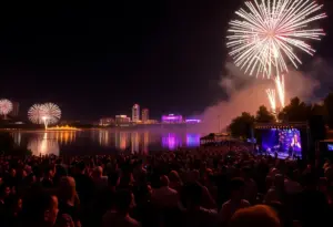 Fireworks over Lady Bird Lake during Austin's New Year celebration