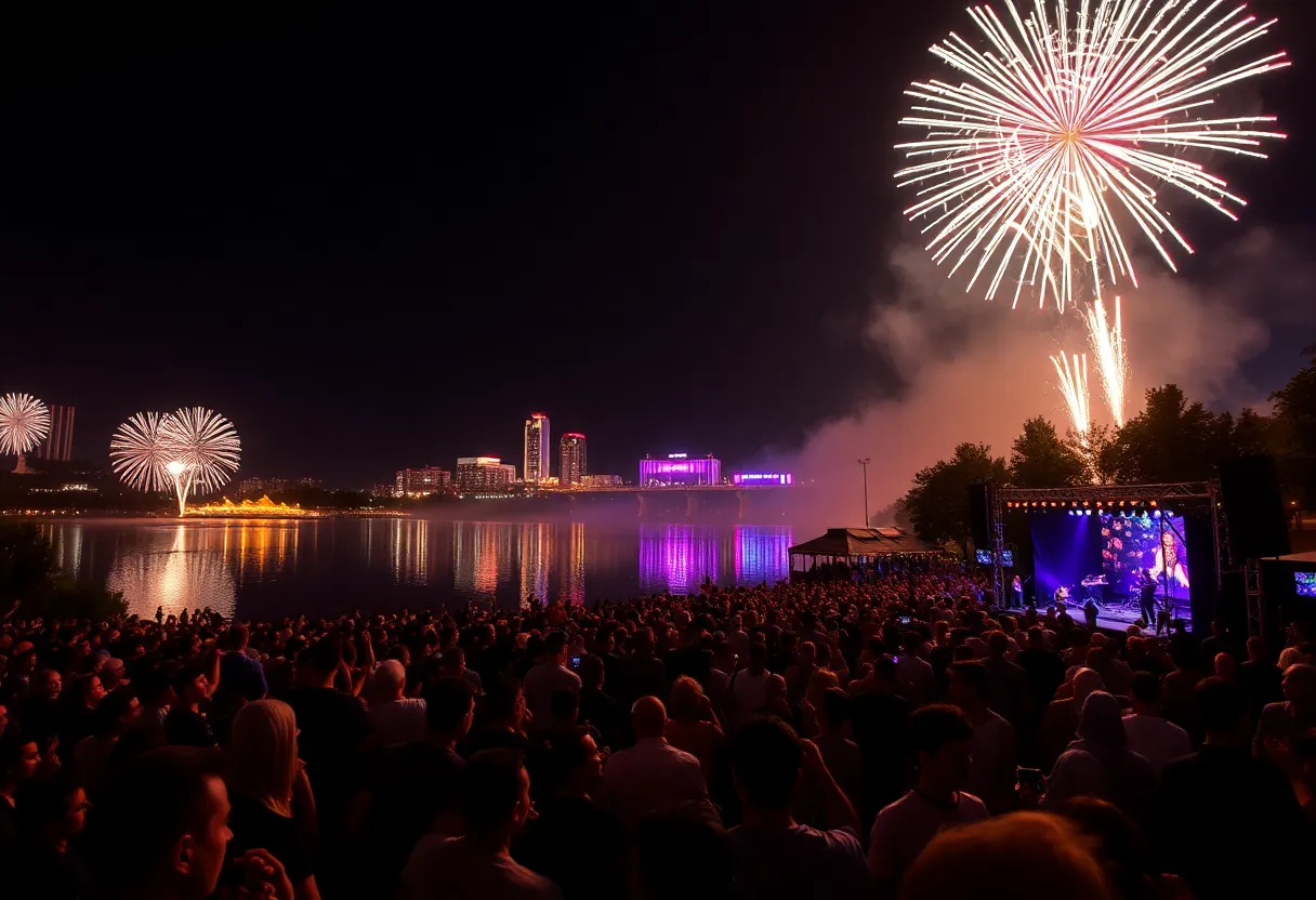 Fireworks over Lady Bird Lake during Austin's New Year celebration