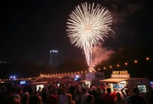 Crowd celebrating New Year's Eve in Austin with fireworks and live music.