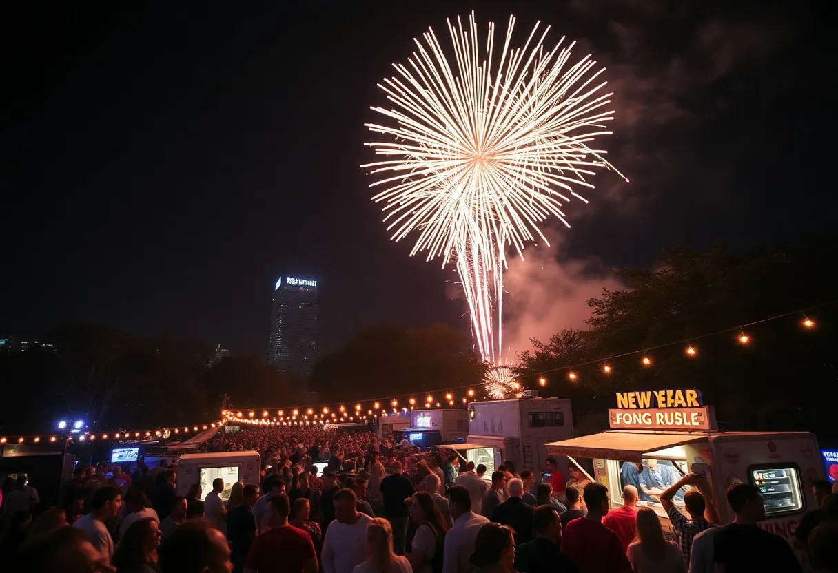 Crowd celebrating New Year's Eve in Austin with fireworks and live music.