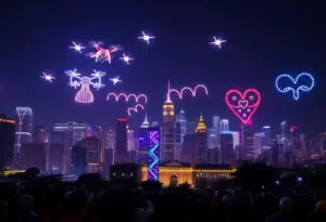 Synchronized drone light show over Austin skyline