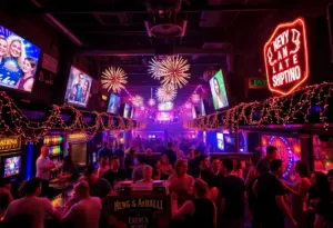 Partygoers celebrating New Year’s Eve at a bar crawl in Austin