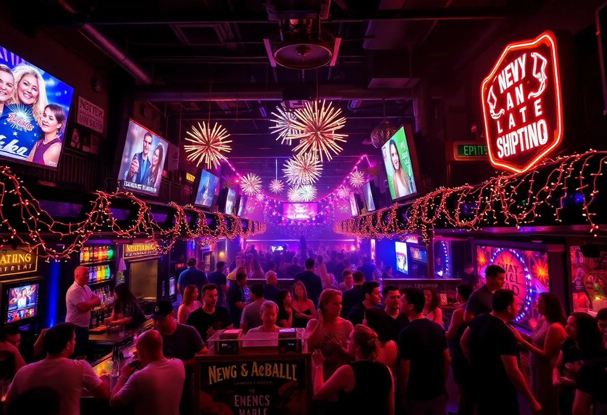 Partygoers celebrating New Year’s Eve at a bar crawl in Austin